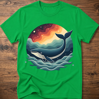 Green crew-neck t-shirt with retro whale graphic over colorful ocean waves