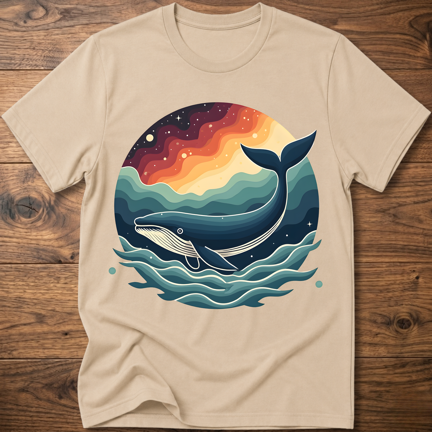 Beige crew-neck t-shirt with retro whale graphic over colorful ocean waves