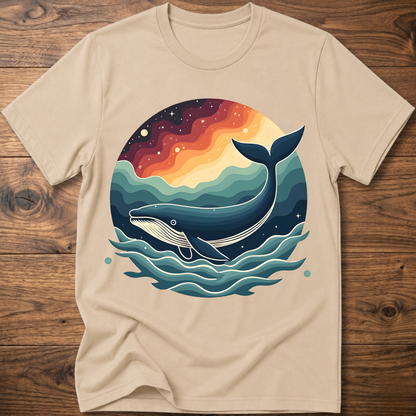 Beige crew-neck t-shirt with retro whale graphic over colorful ocean waves