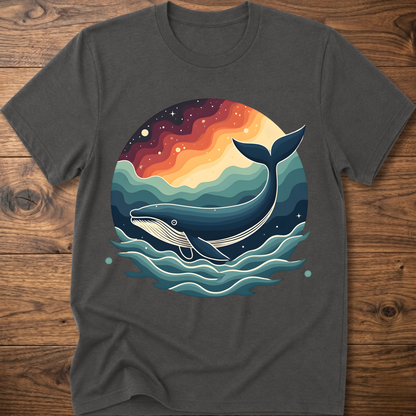 Charcoal heather crew-neck t-shirt with retro whale graphic over colorful ocean waves