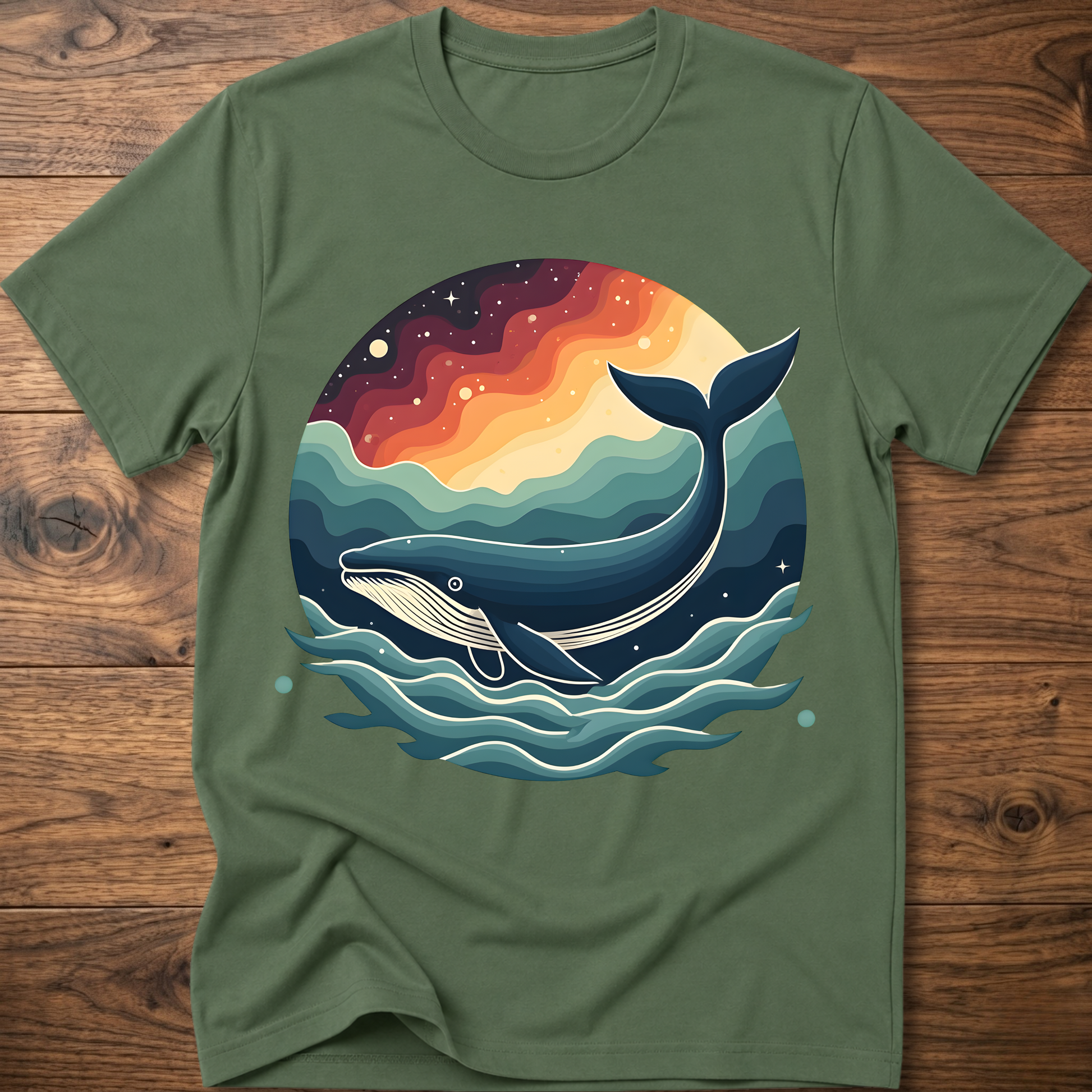 Military green crew-neck t-shirt with retro whale graphic over colorful ocean waves