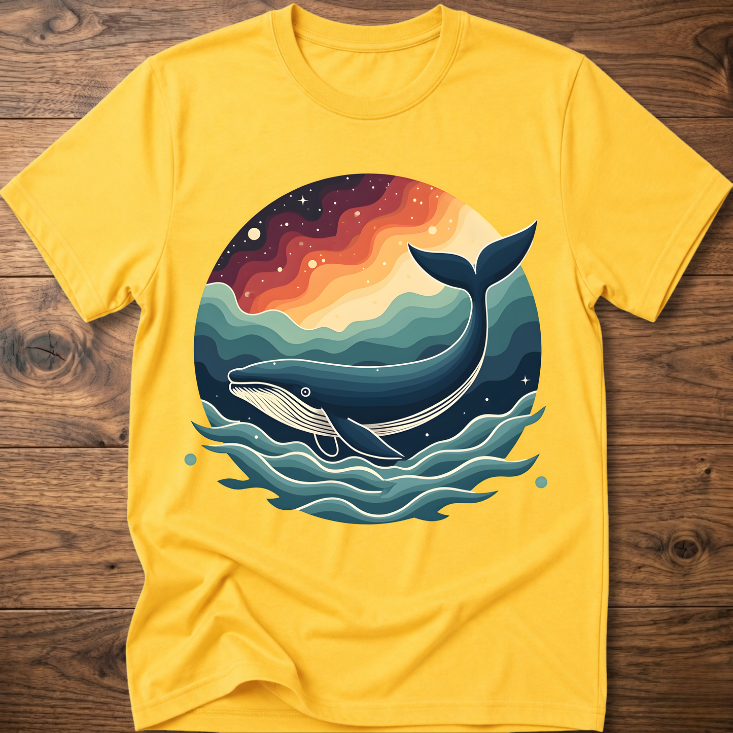 Yellow crew-neck t-shirt with retro whale graphic over colorful ocean waves