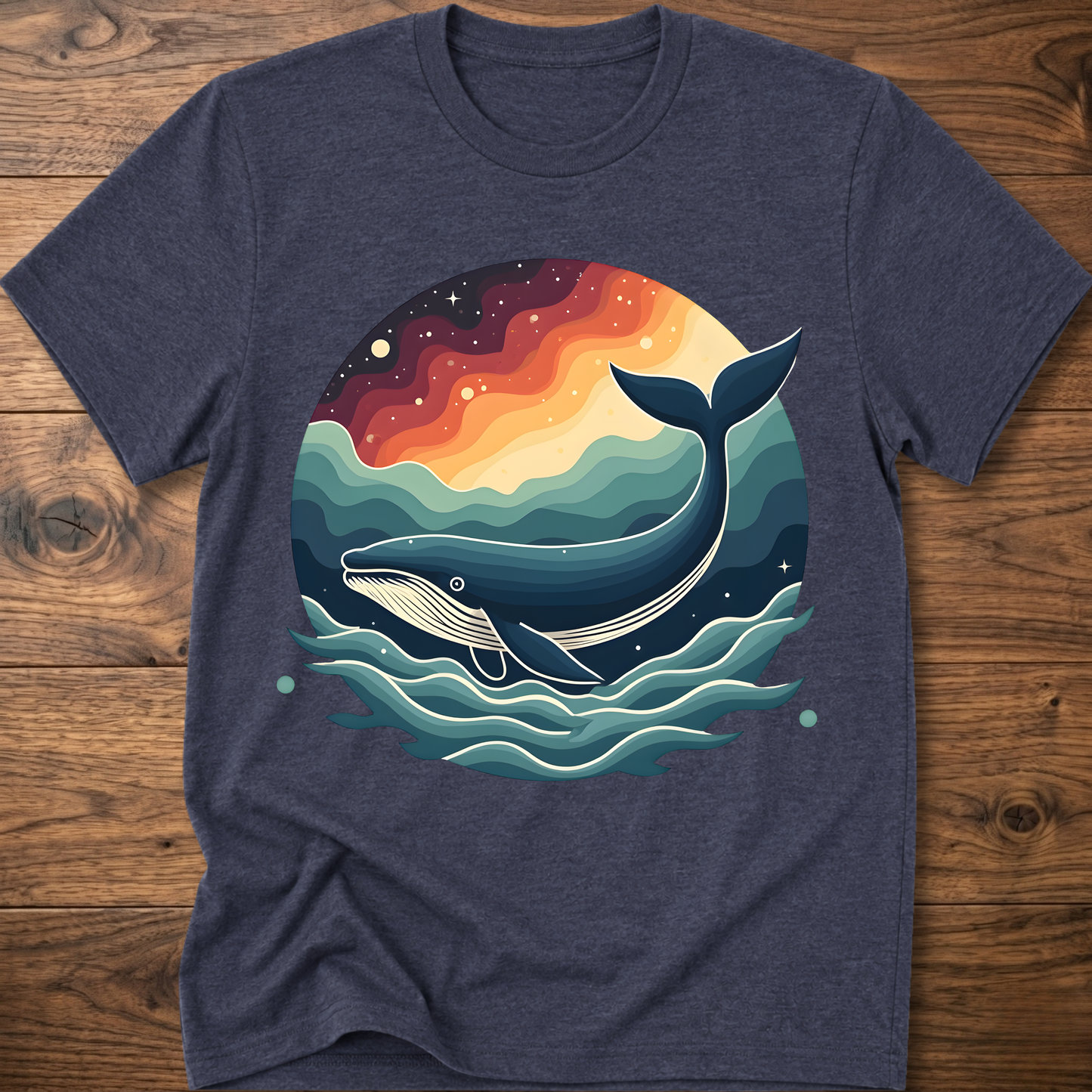 Heather navy crew-neck t-shirt with retro whale graphic over colorful ocean waves