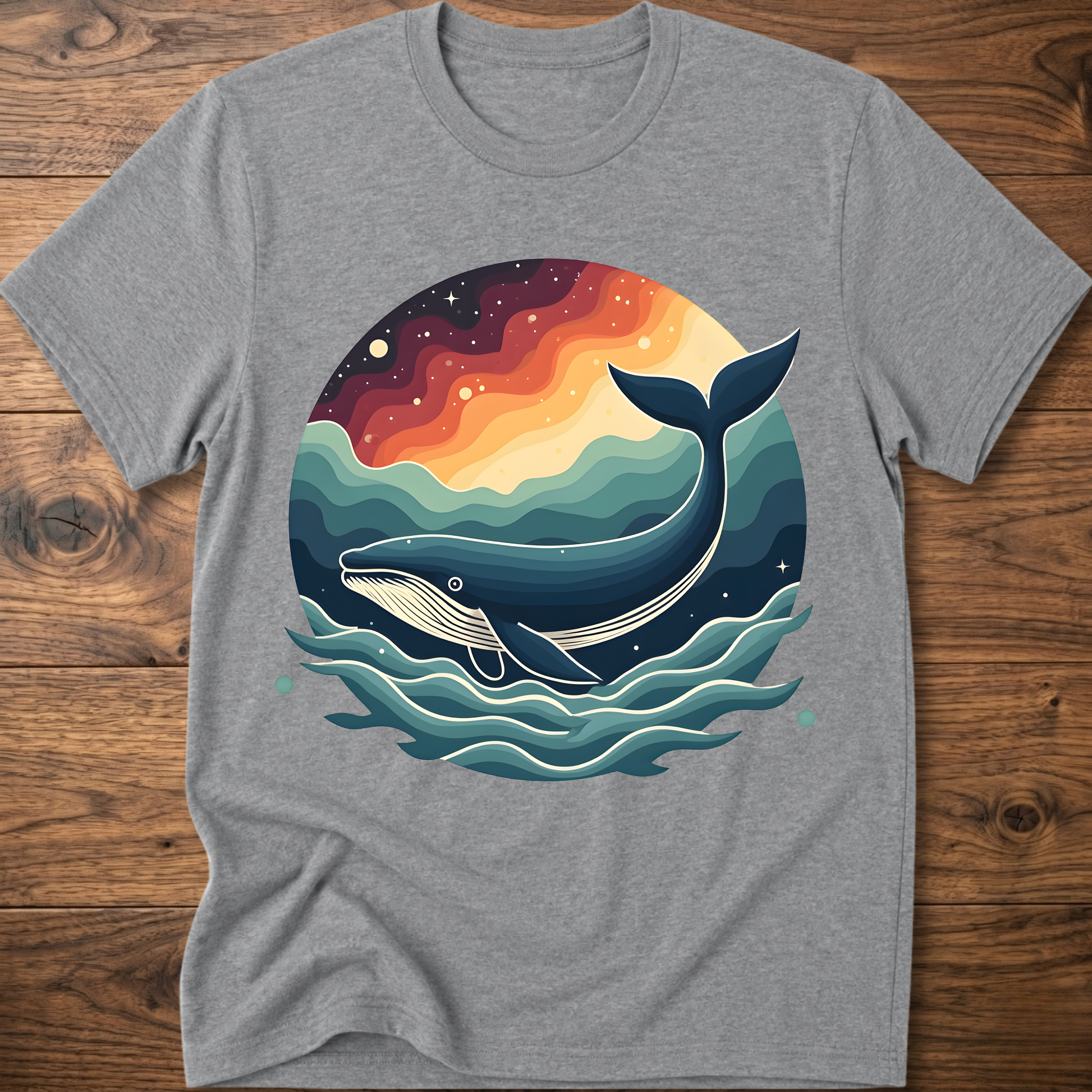 Sport grey crew-neck t-shirt with retro whale graphic over colorful ocean waves
