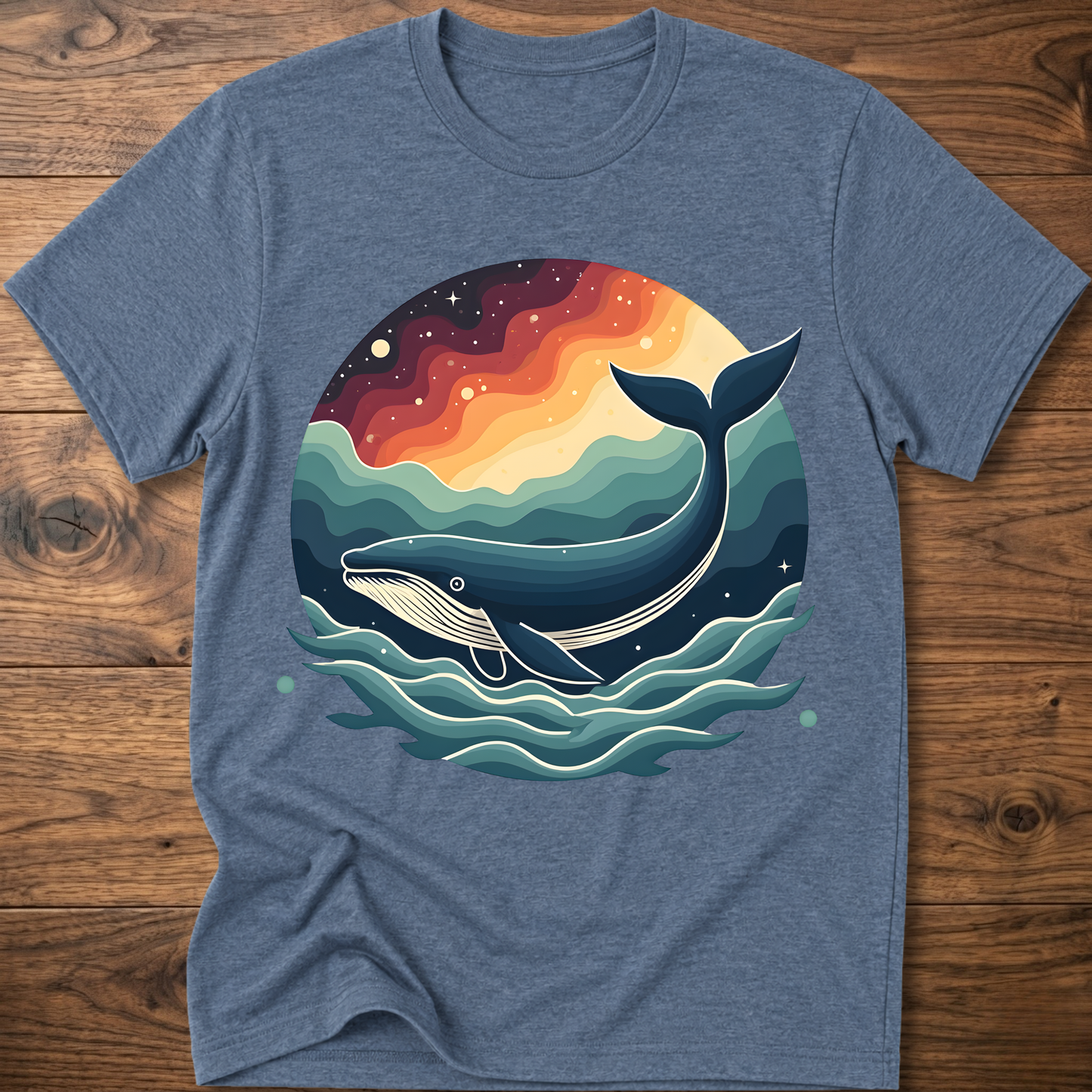 Heather blue crew-neck t-shirt with retro whale graphic over colorful ocean waves