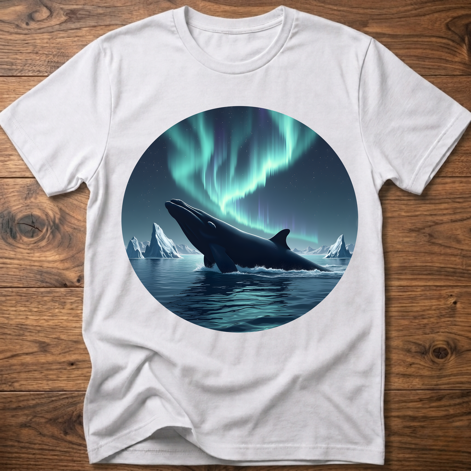Men's white t-shirt with circular whale and aurora print on front