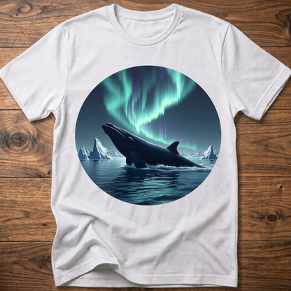 Men's white t-shirt with circular whale and aurora print on front