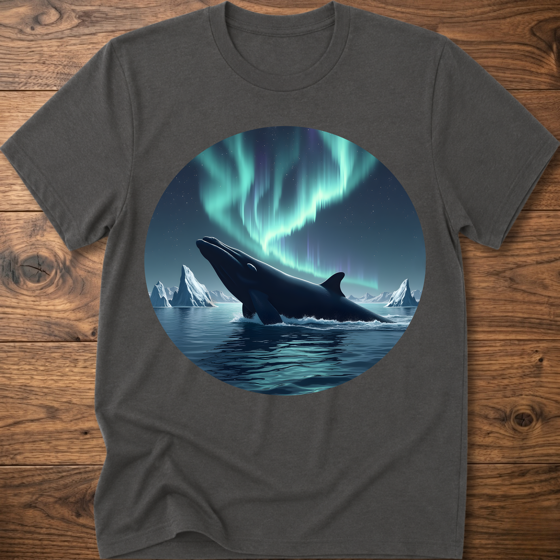Men's charcoal dark gray t-shirt with circular whale and aurora print on front