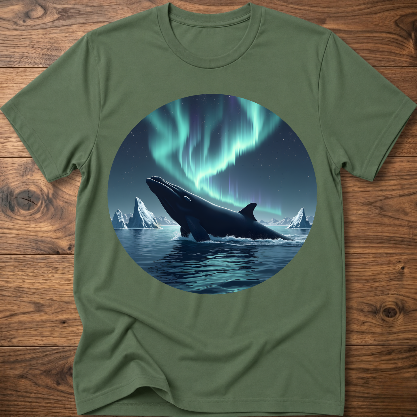 Men's military green t-shirt with circular whale and aurora print on front