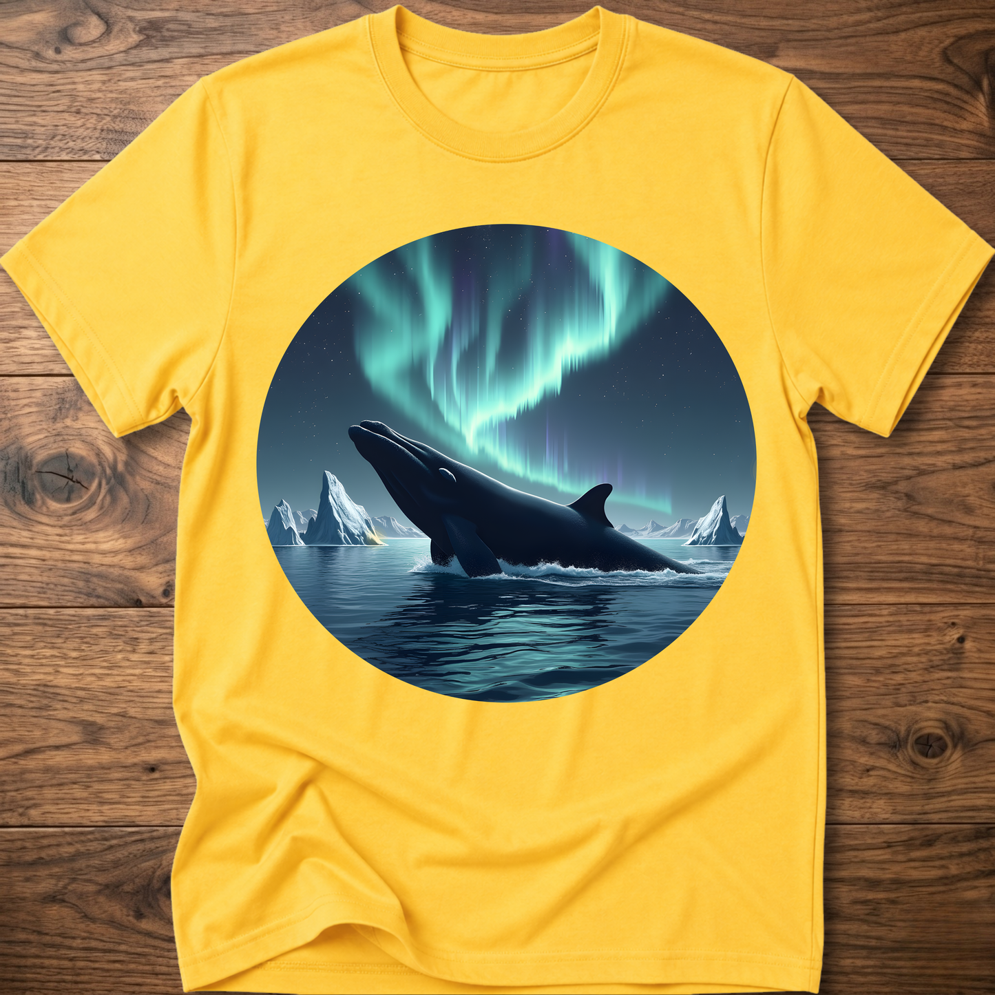 Men's daisy yellow t-shirt with circular whale and aurora print on front
