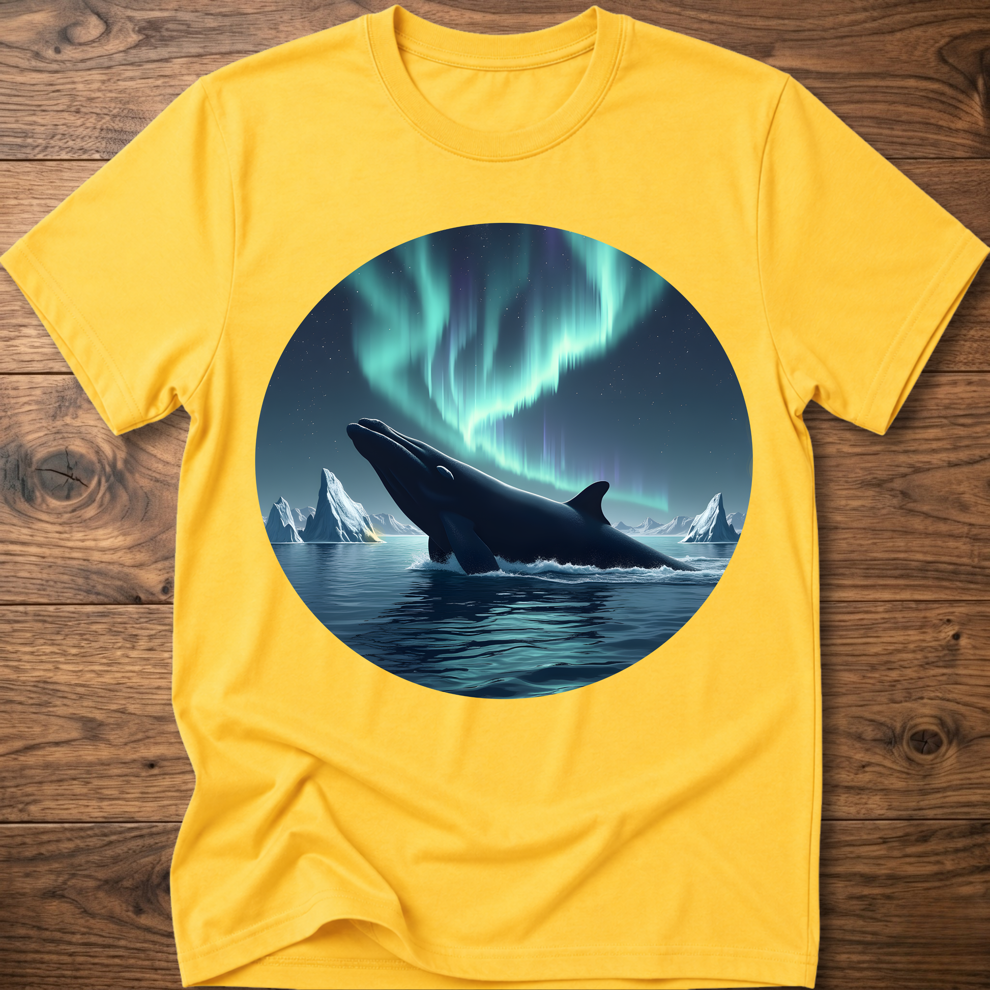 Men's daisy yellow t-shirt with circular whale and aurora print on front
