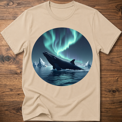 Men's sand beige t-shirt with circular whale and aurora print on front