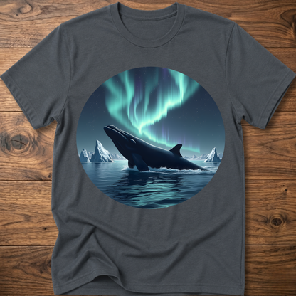 Men's dark heather gray t-shirt with circular whale and aurora print on front