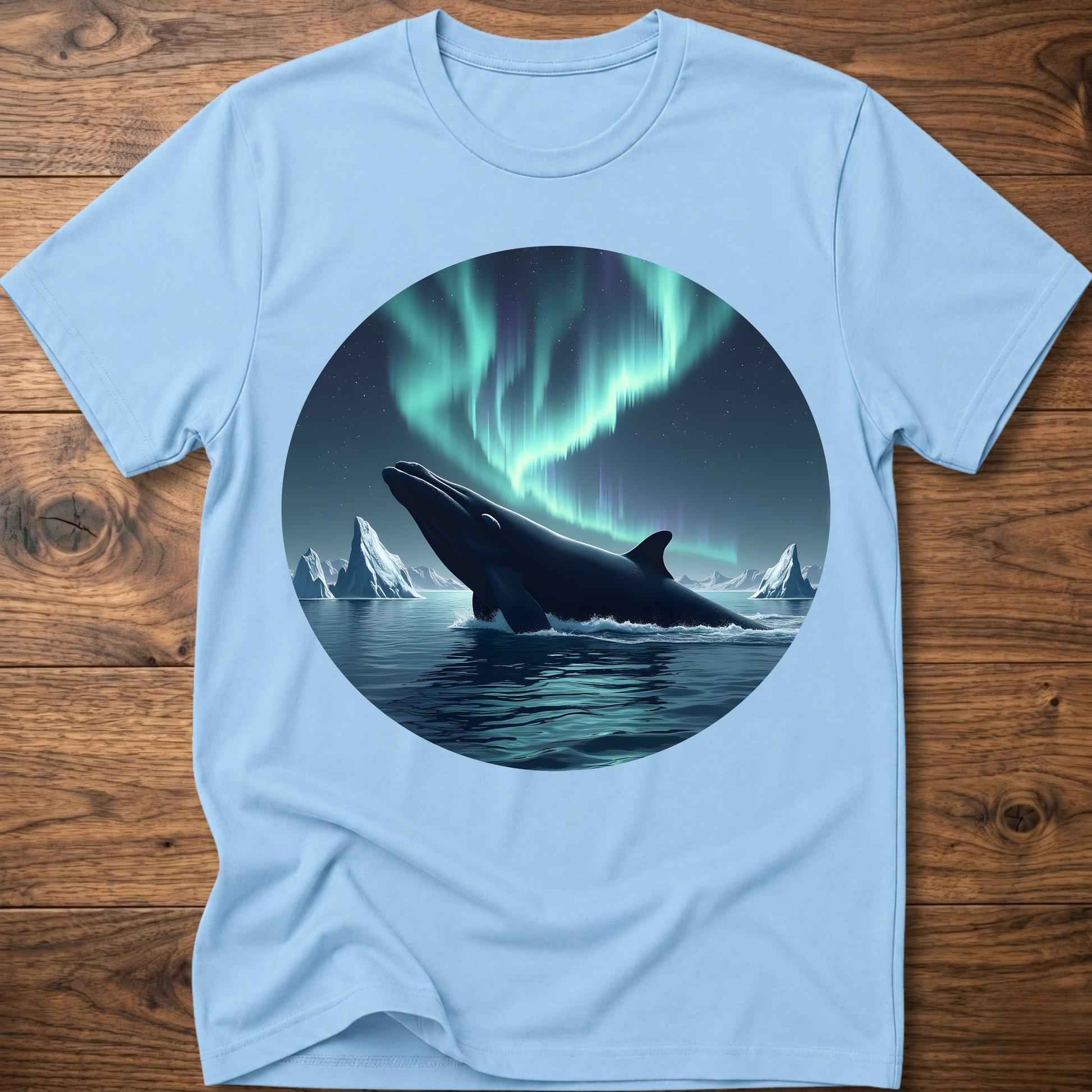 Men's light blue t-shirt with circular whale and aurora print on front