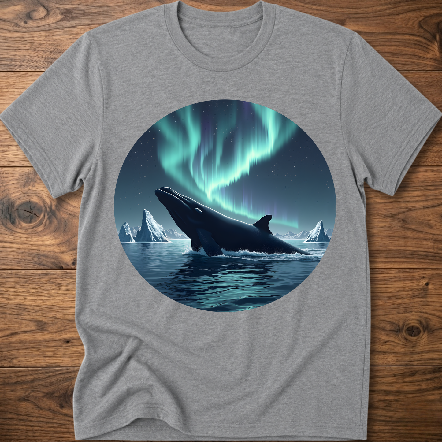 Men's sport grey t-shirt with circular whale and aurora print on front