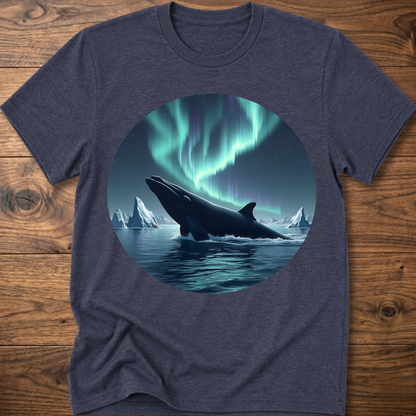 Men's heather indigo t-shirt with circular whale and aurora print on front