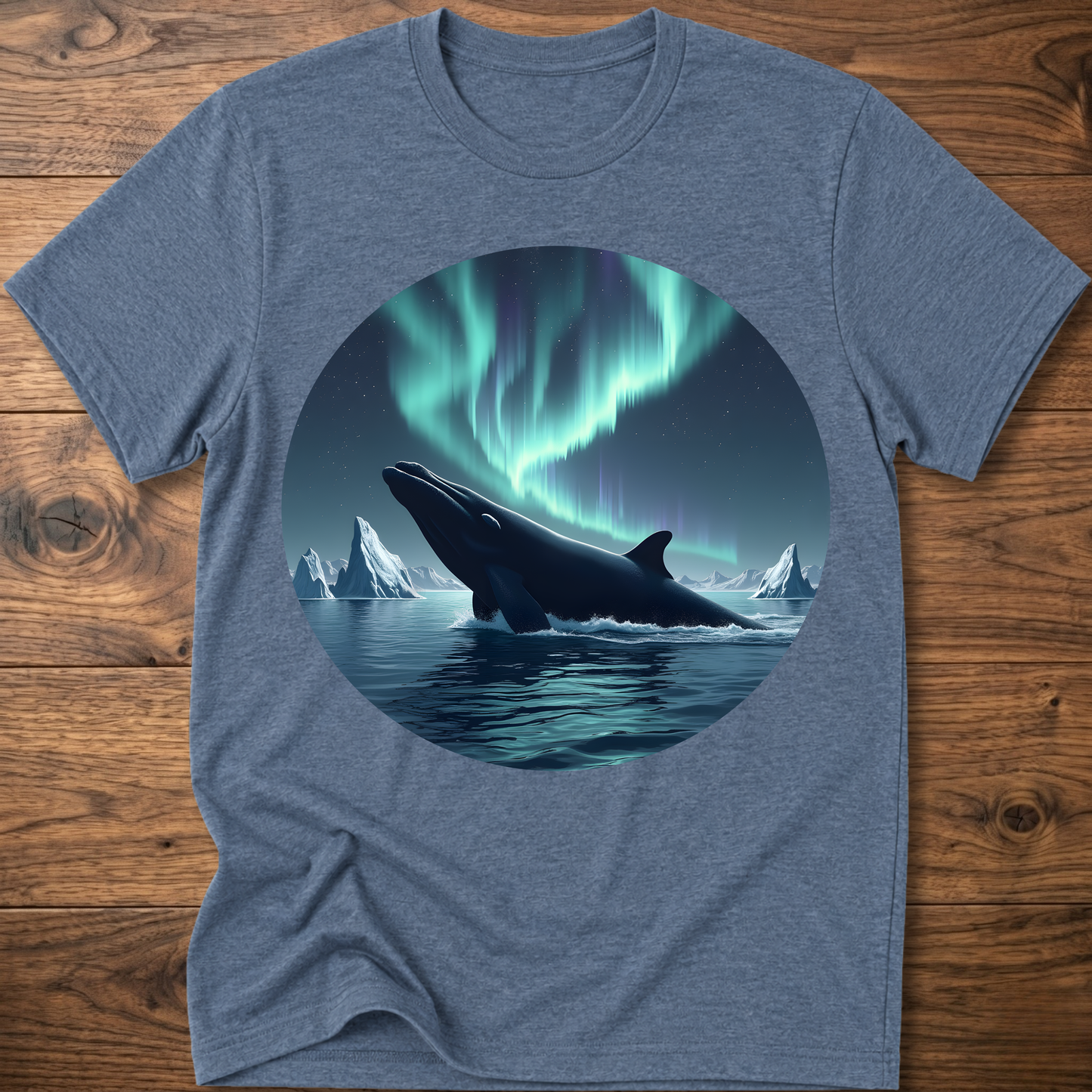 Men's heather blue t-shirt with circular whale and aurora print on front