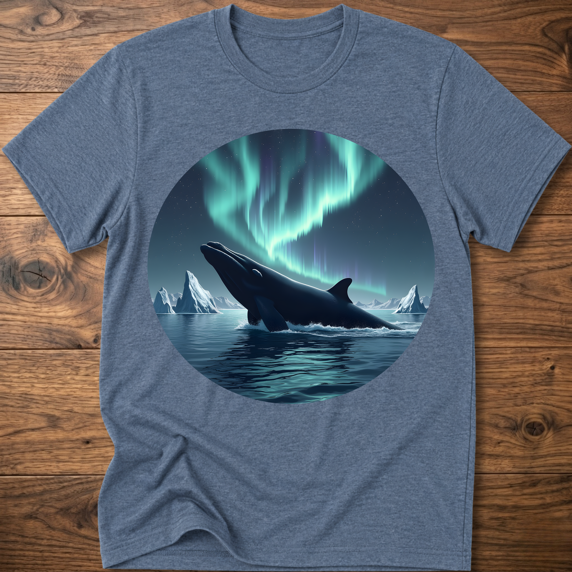 Men's heather blue t-shirt with circular whale and aurora print on front