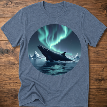 Men's heather blue t-shirt with circular whale and aurora print on front