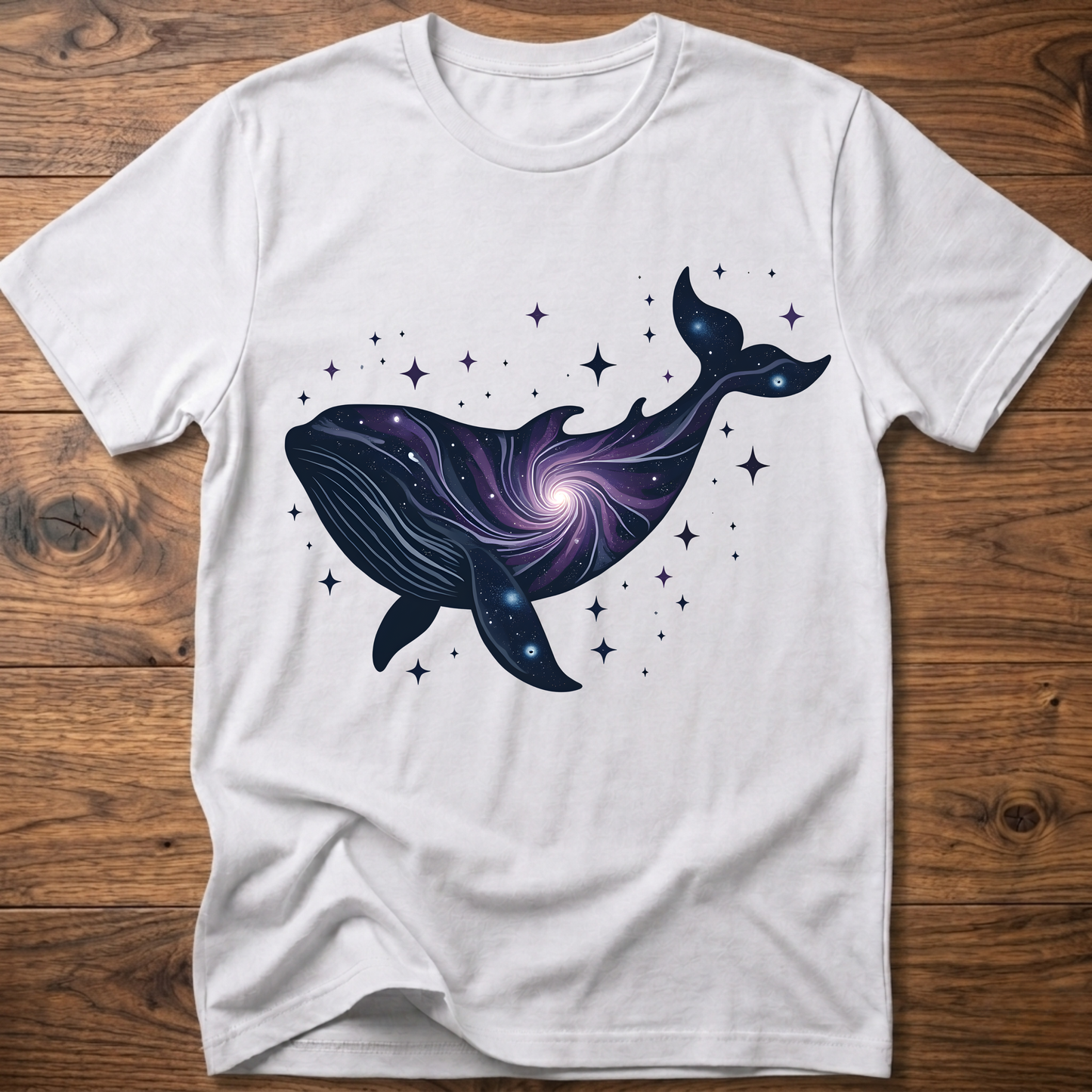 White crew-neck t-shirt with dark blue whale galaxy graphic and star dots