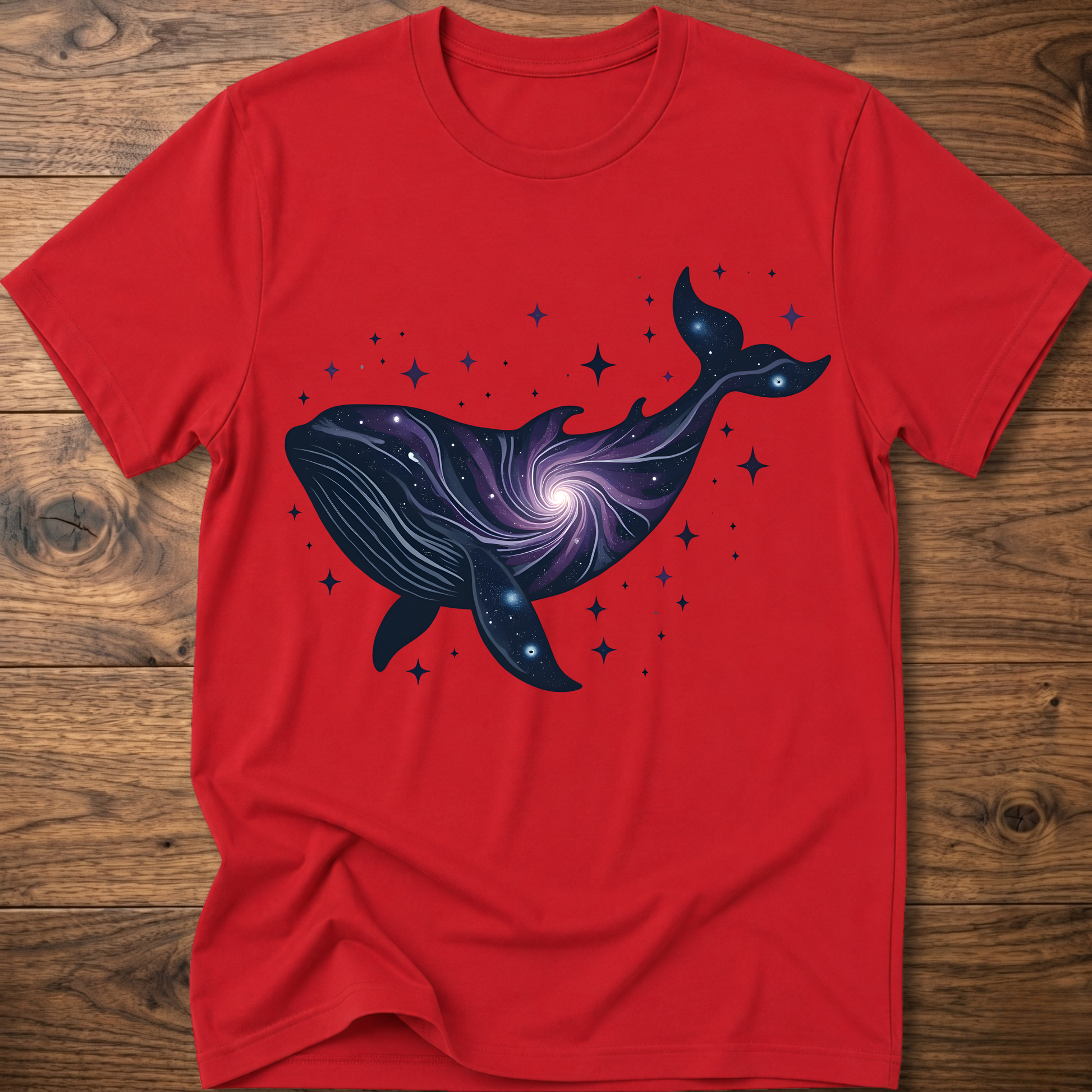 Red crew-neck t-shirt with dark blue whale galaxy graphic and star dots