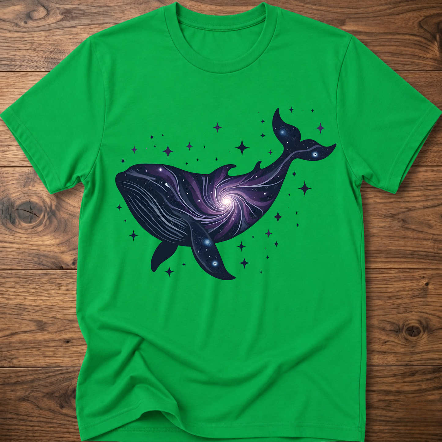 Irish green crew-neck t-shirt with dark blue whale galaxy graphic and star dots