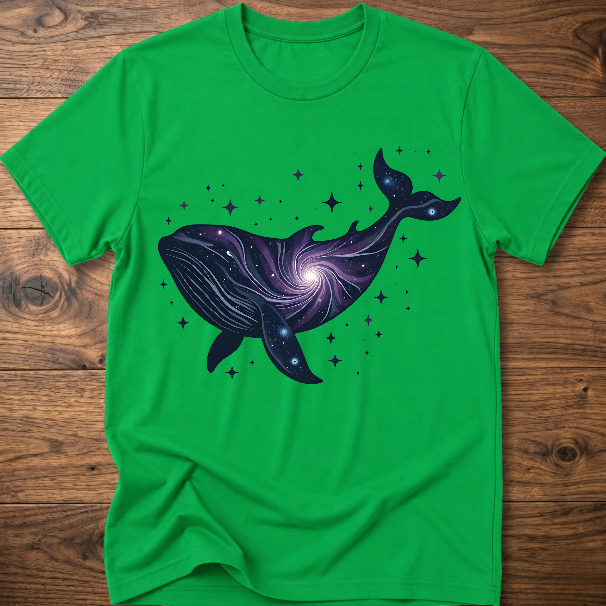 Irish green crew-neck t-shirt with dark blue whale galaxy graphic and star dots