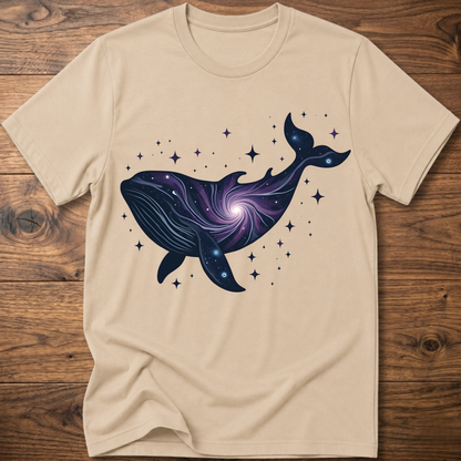 Sand crew-neck t-shirt with dark blue whale galaxy graphic and star dots