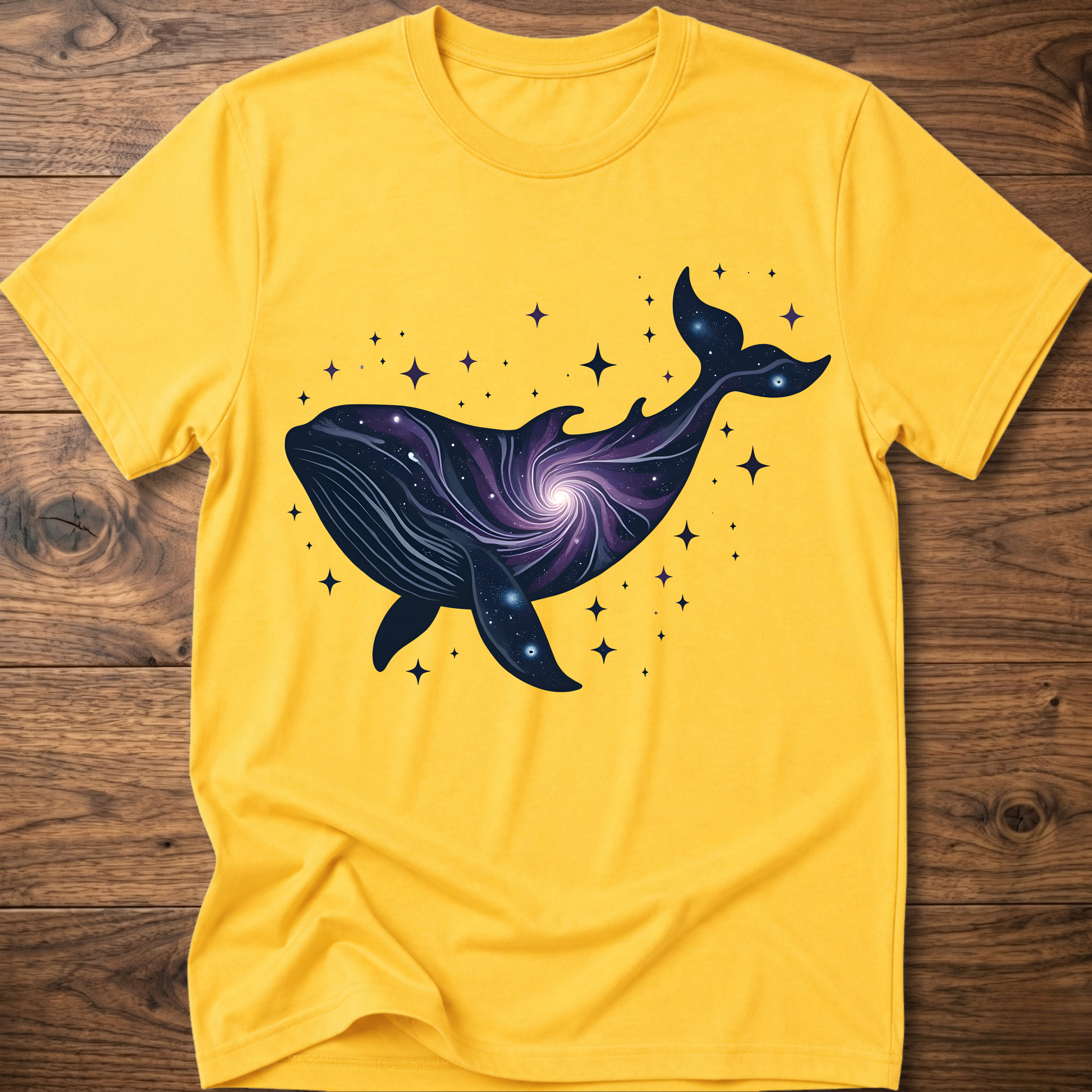 Daisy yellow crew-neck t-shirt with dark blue whale galaxy graphic and star dots