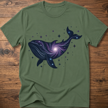 Military green crew-neck t-shirt with dark blue whale galaxy graphic and star dots