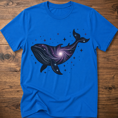 Royal blue crew-neck t-shirt with dark blue whale galaxy graphic and star dots