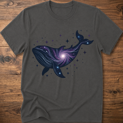 Charcoal crew-neck t-shirt with dark blue whale galaxy graphic and star dots