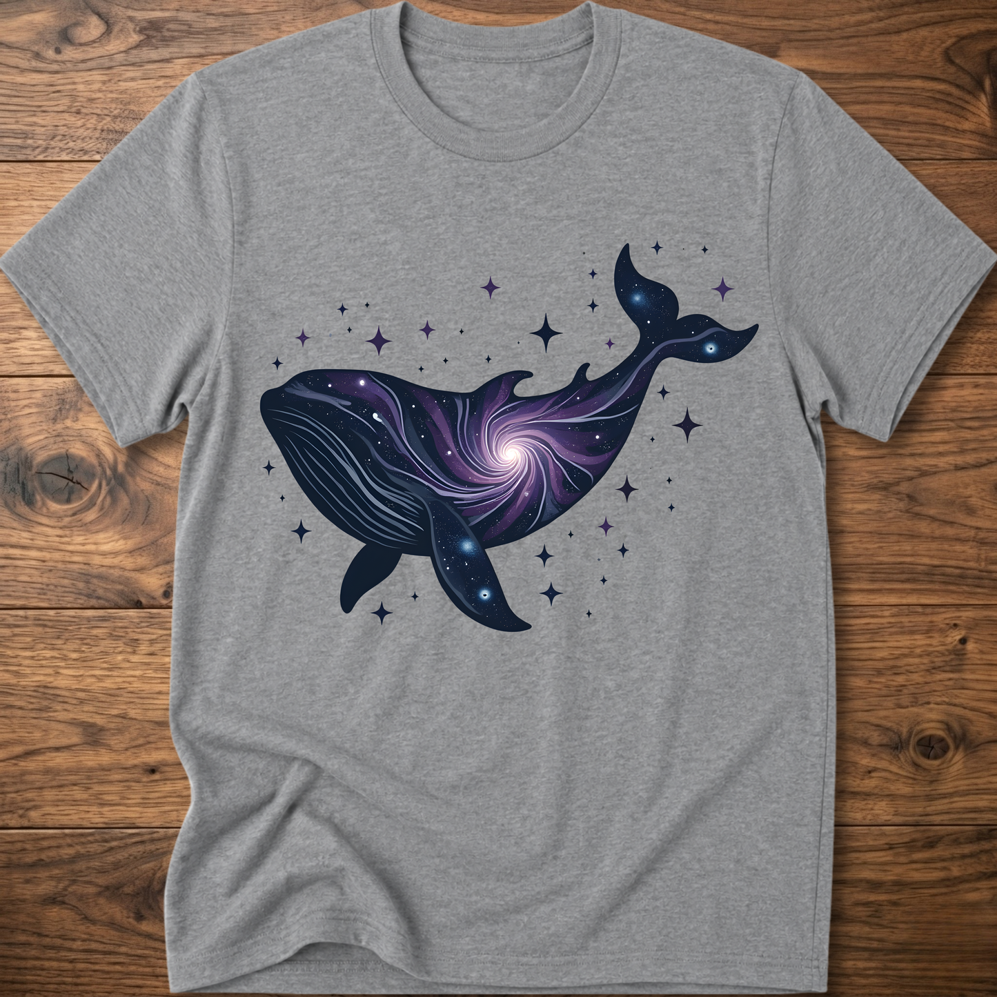 Sport grey crew-neck t-shirt with dark blue whale galaxy graphic and star dots