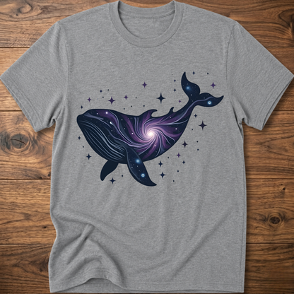 Sport grey crew-neck t-shirt with dark blue whale galaxy graphic and star dots
