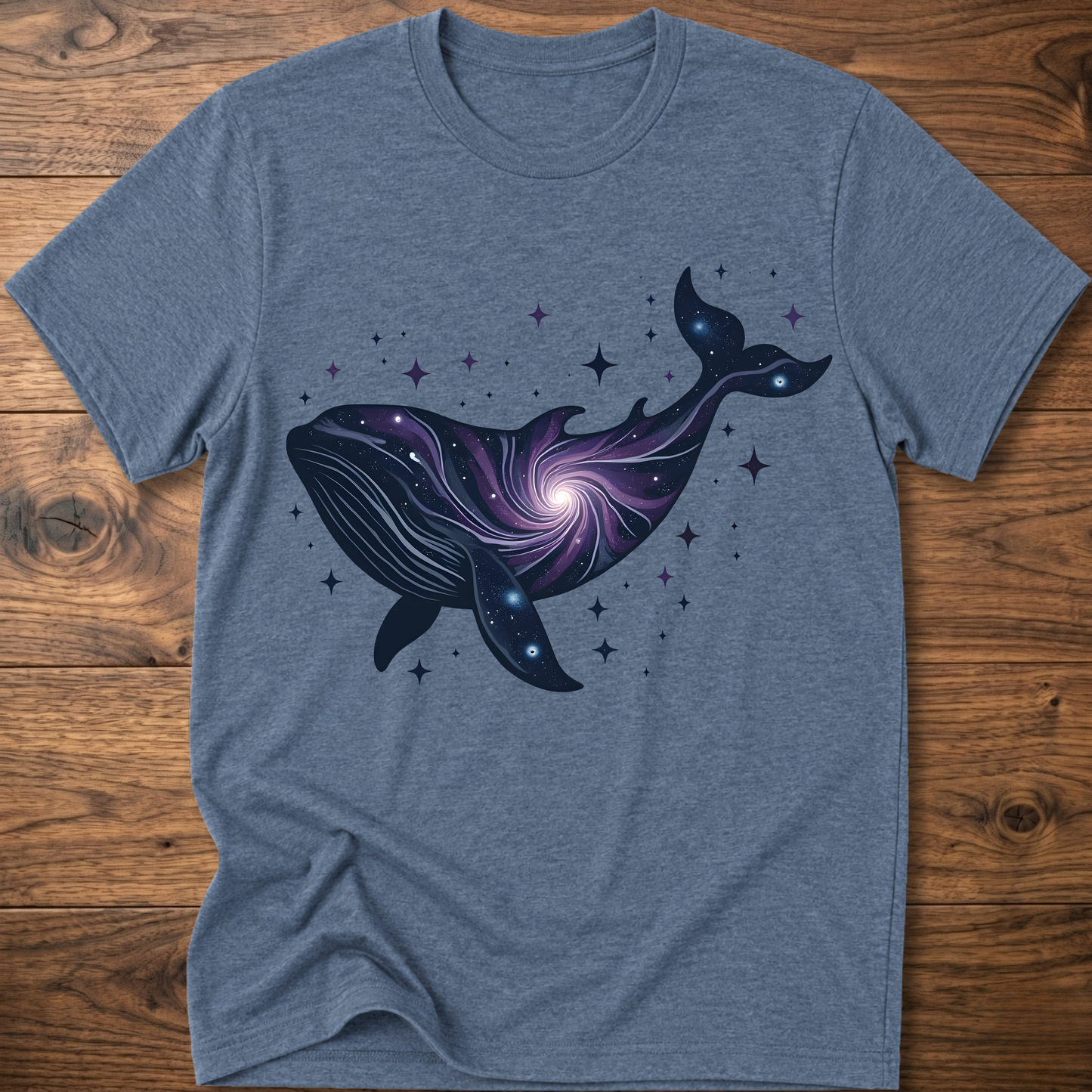 Heather charcoal crew-neck t-shirt with dark blue whale galaxy graphic and star dots