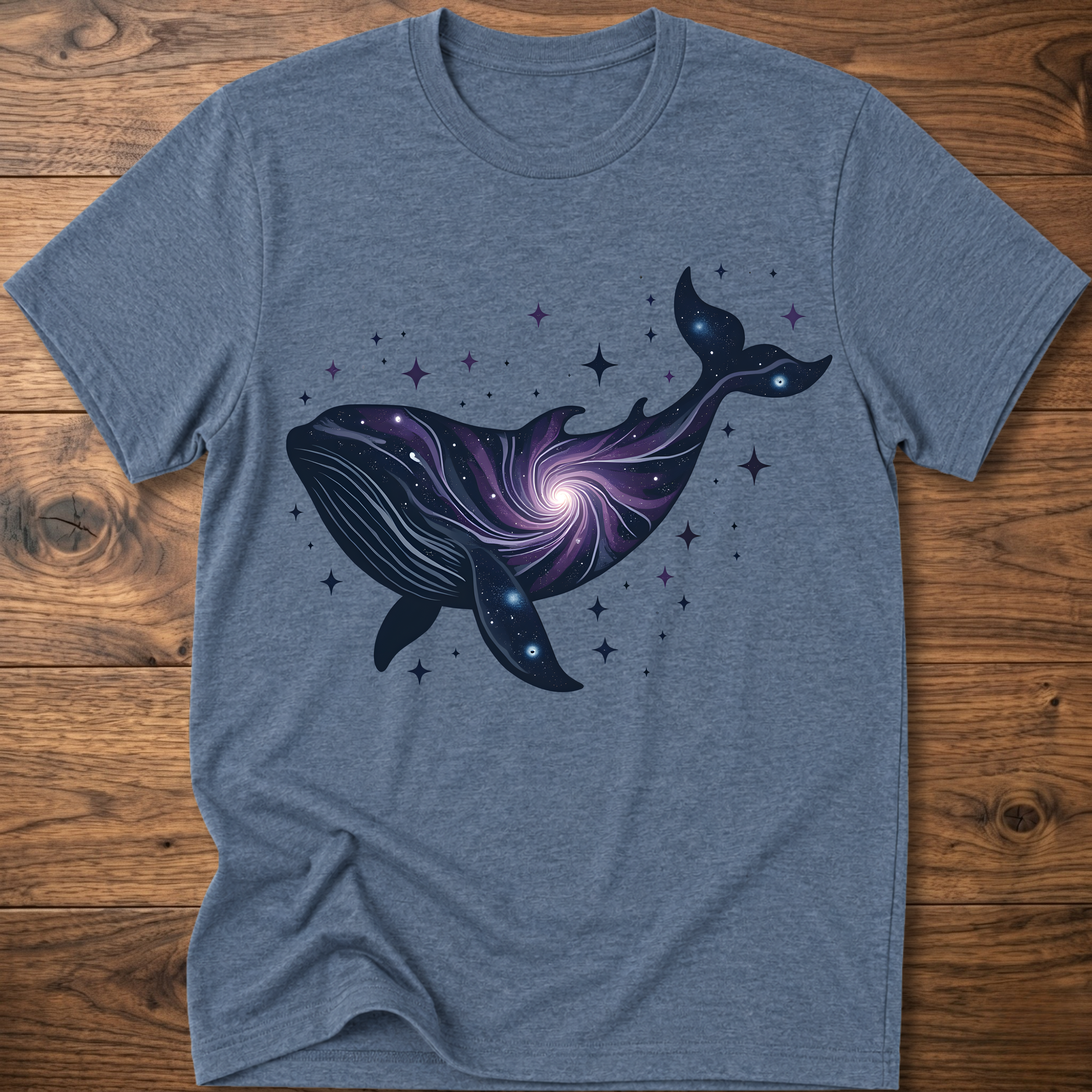 Heather charcoal crew-neck t-shirt with dark blue whale galaxy graphic and star dots