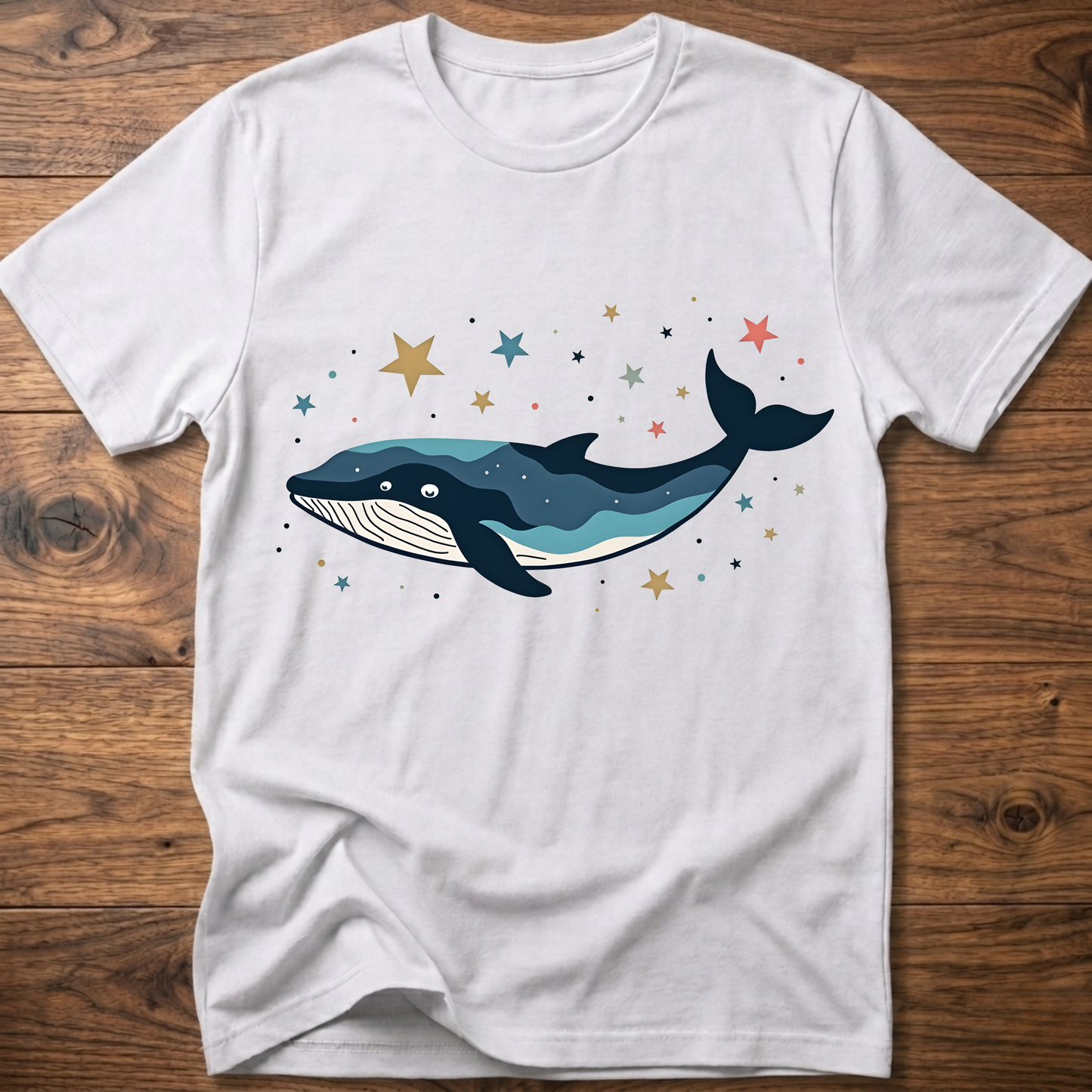 White whale graphic t-shirt with colorful starry backdrop print