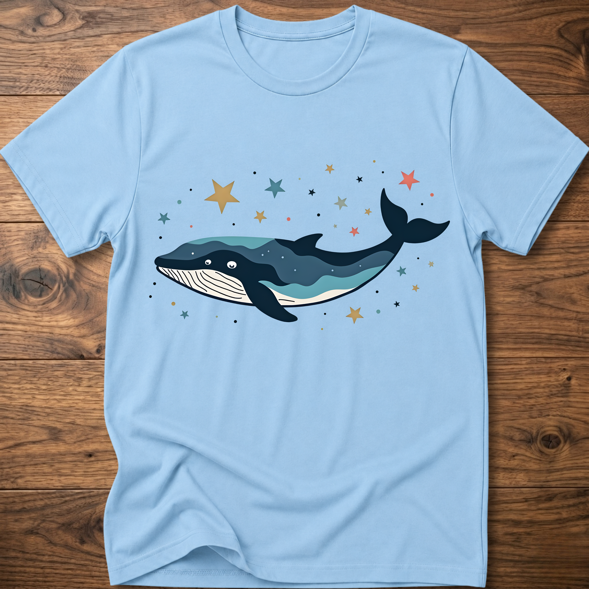 Light blue whale graphic t-shirt with colorful starry constellation print
