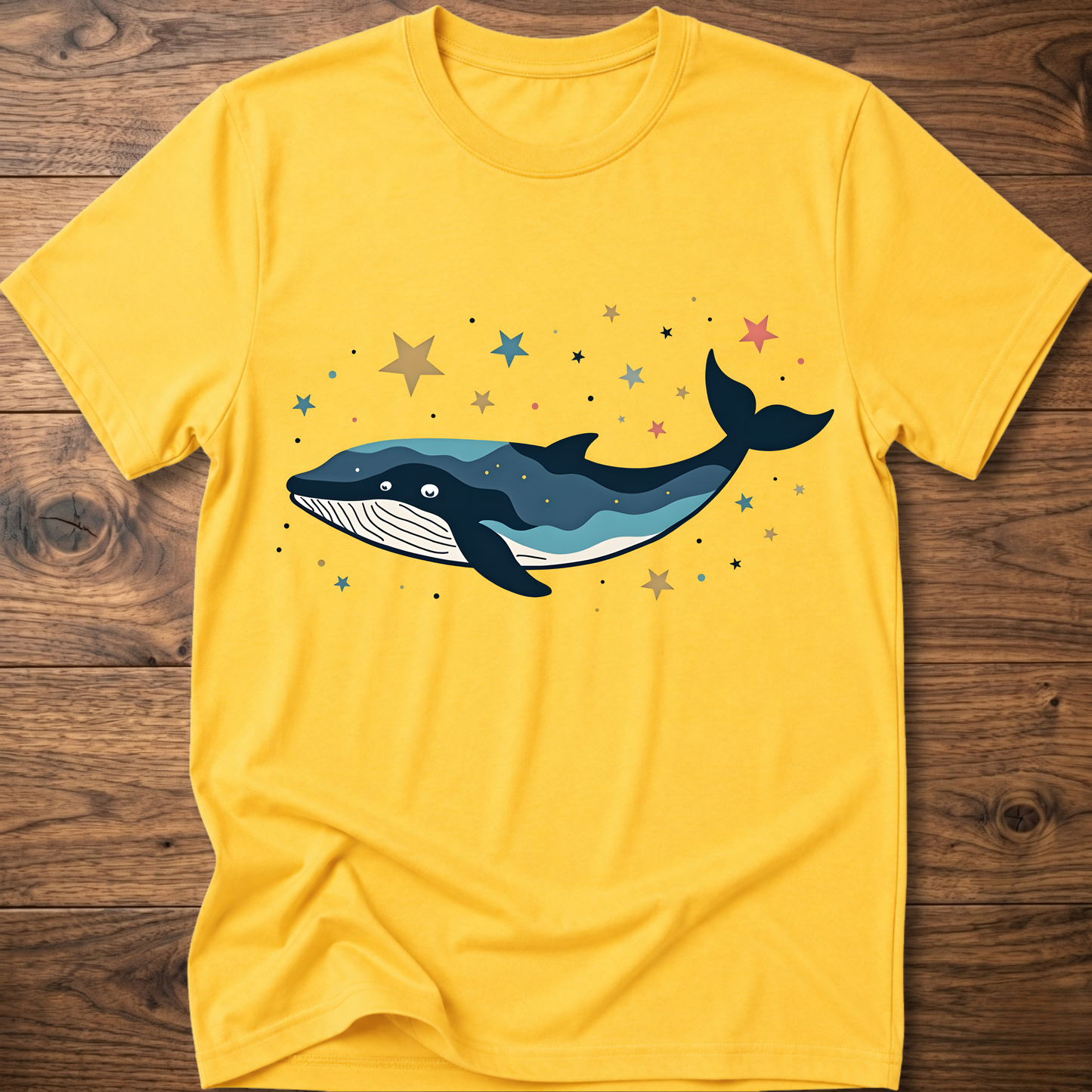 Yellow whale graphic t-shirt with colorful starry constellation print