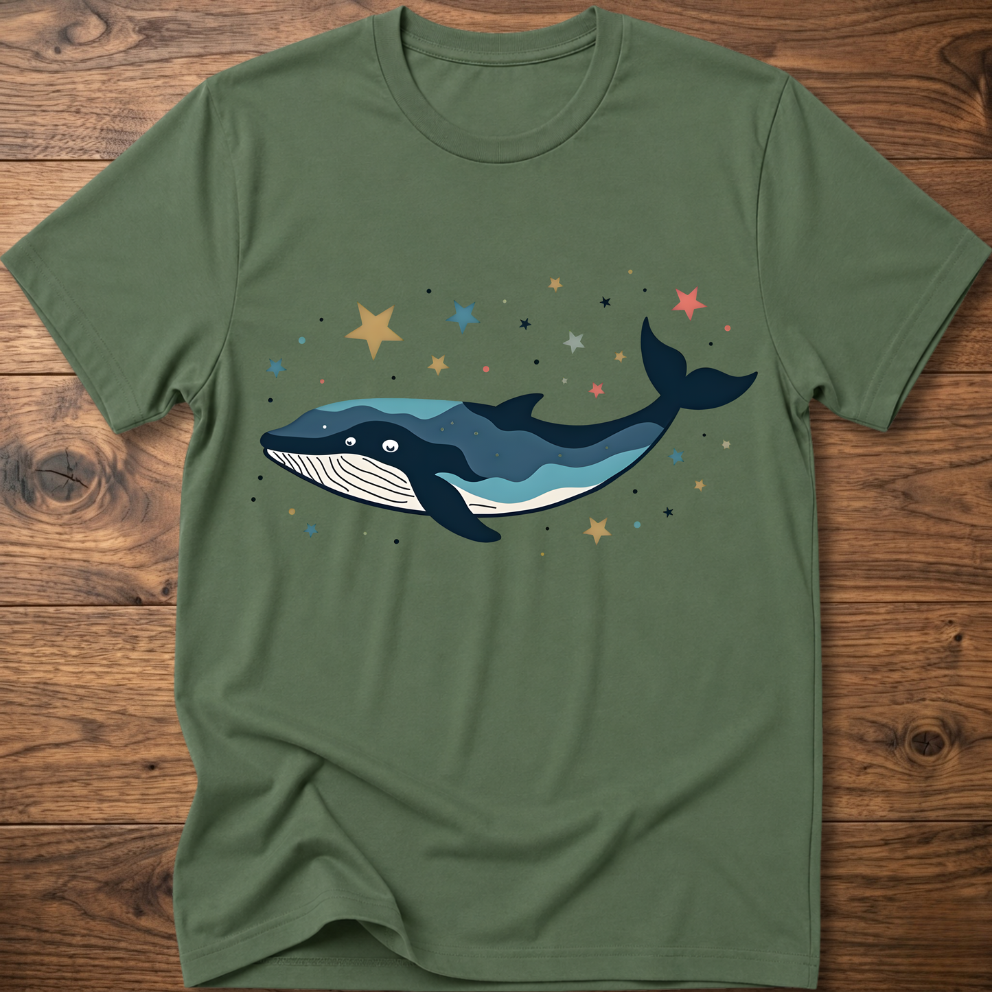 Green whale graphic t-shirt with starry constellation print