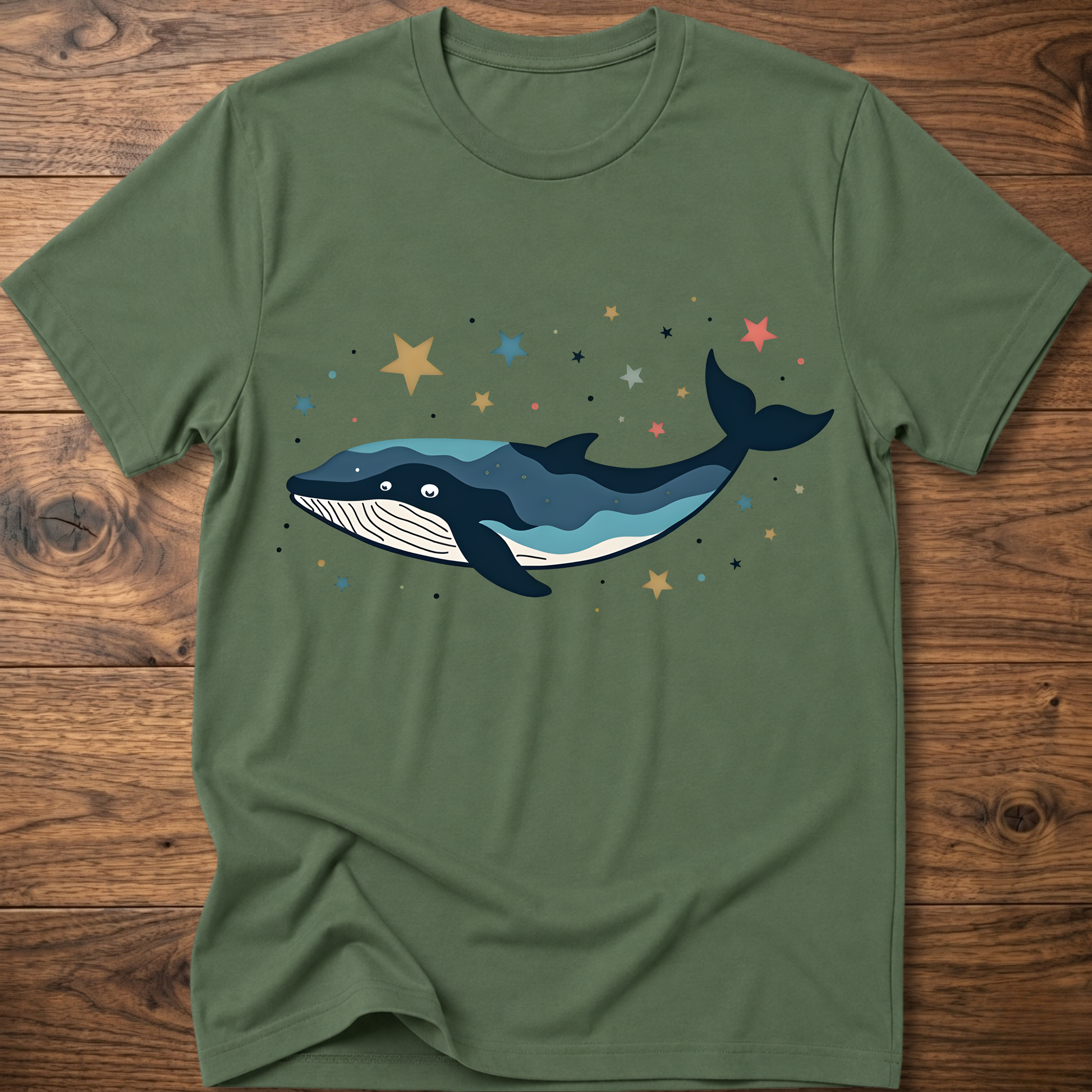 Green whale graphic t-shirt with starry constellation print