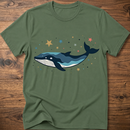 Green whale graphic t-shirt with starry constellation print