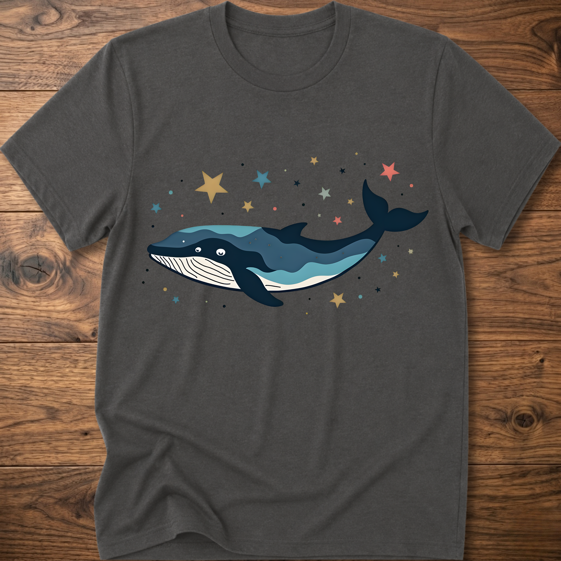 Charcoal whale graphic t-shirt with colorful starry print