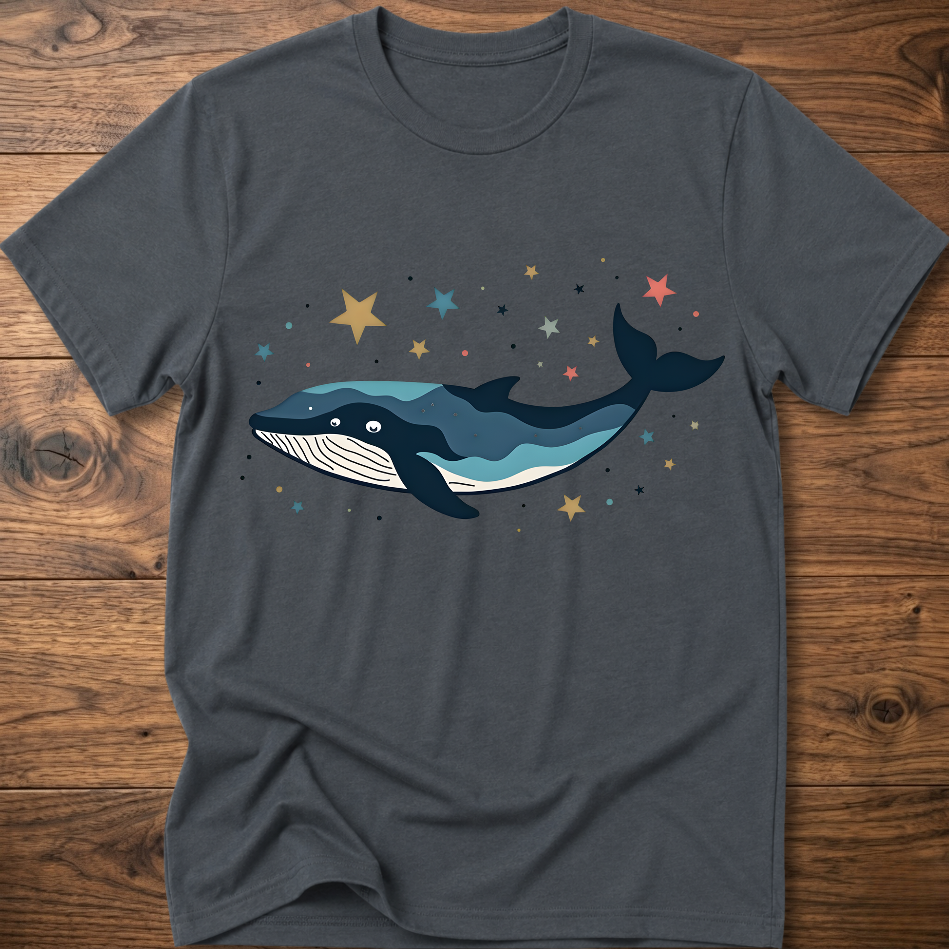 Dark gray whale graphic t-shirt with colorful starry backdrop print