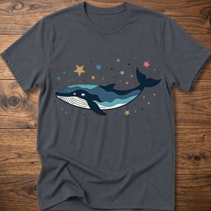 Dark gray whale graphic t-shirt with colorful starry backdrop print