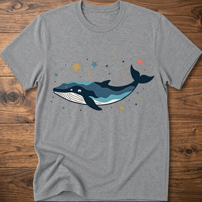 Light gray whale graphic t-shirt with colorful starry constellation print