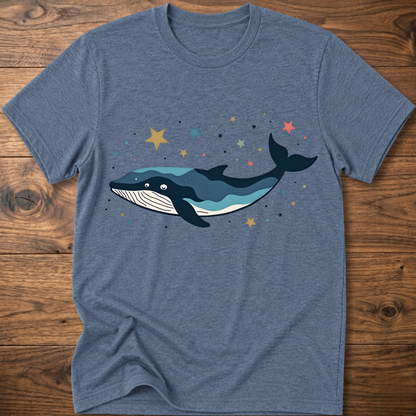 Heather blue whale graphic t-shirt with colorful starry constellation print
