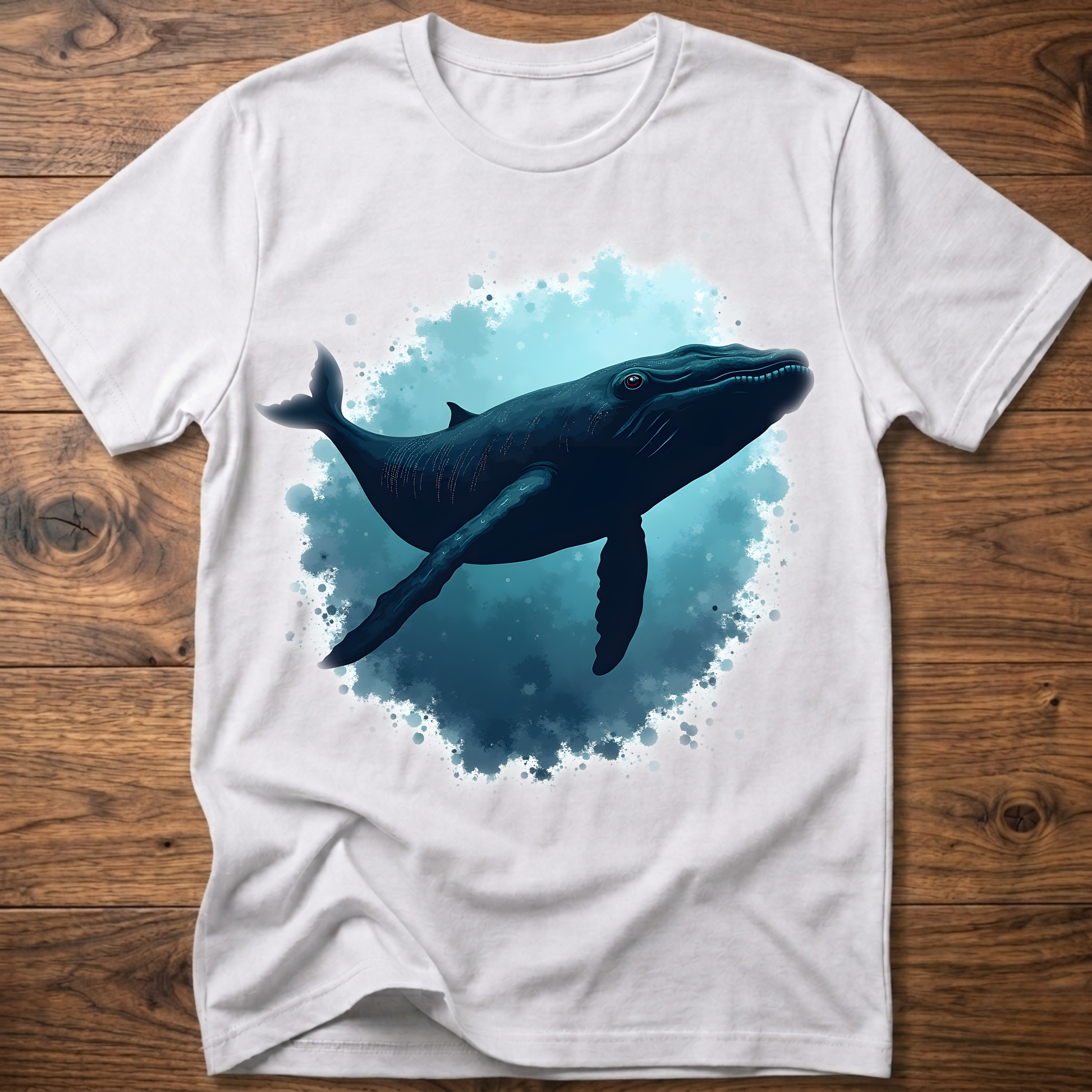 Light gray T-shirt with whale graphic in blue splash
