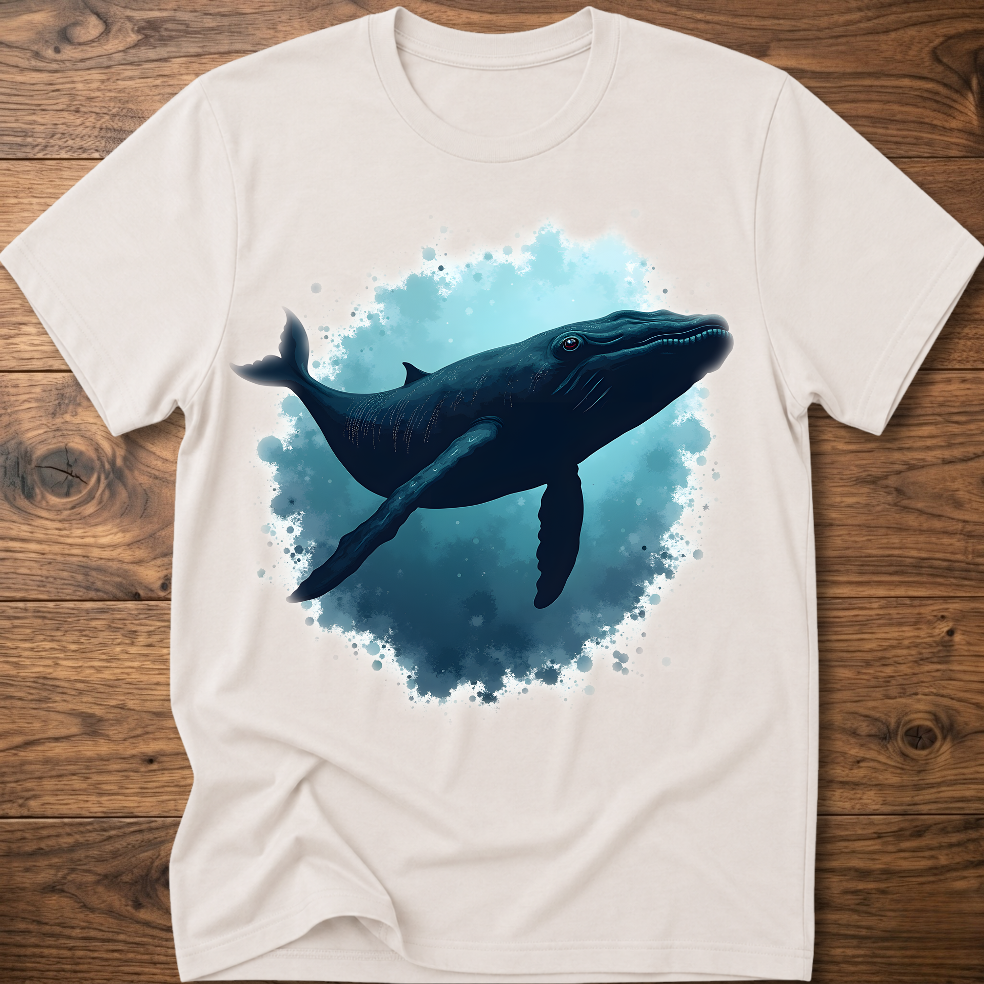 White T-shirt with dark whale and blue watercolor splash print