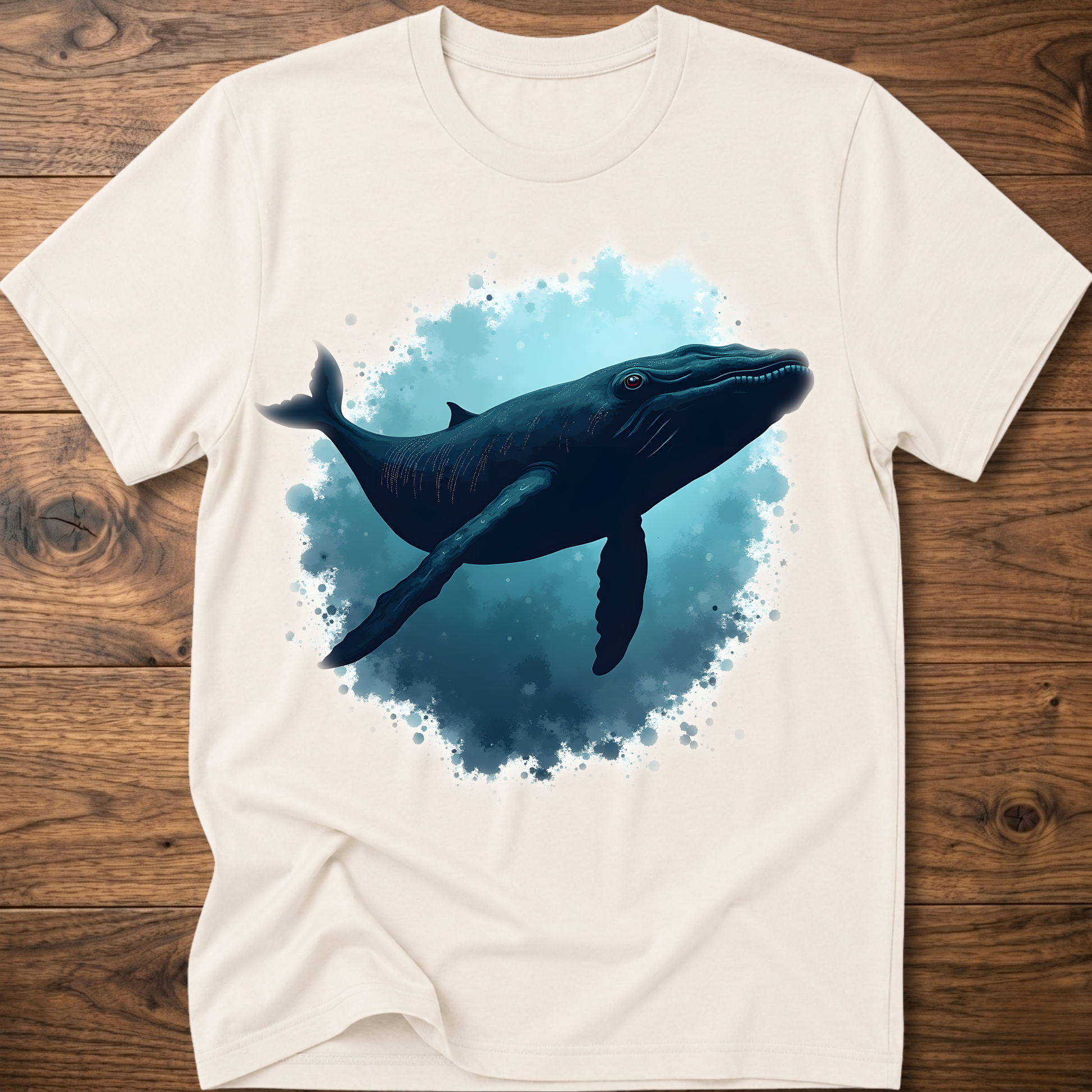 White T-shirt with dark whale and blue splatter design